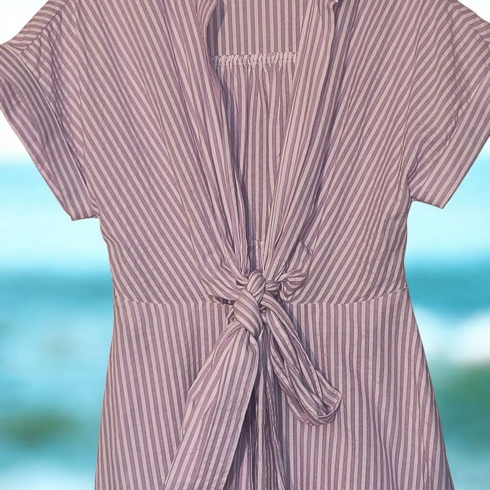 Size S, NWOT, Purple & White Tie Front Maxi Dress | Cotton Coastal Preppy Flare - Picture 2 of 8